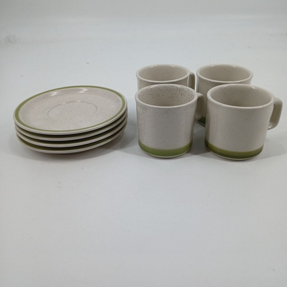 Vintage Stoneware Beige & Green Trim Coffee Mugs Saucers Set